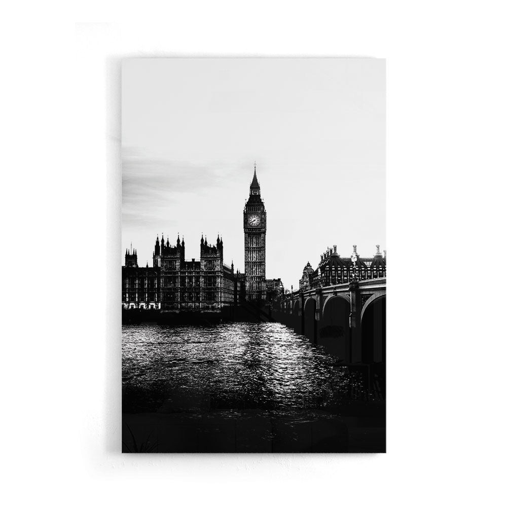 Fotografie van de Big Ben in London in Zwart-wit als luxe glasschilderij op groot formaat