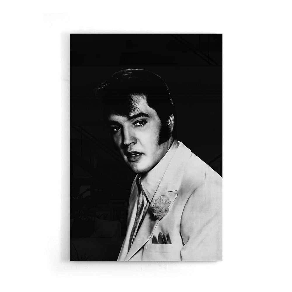 Fotografie van beroemde zanger Elvis Presley in Zwart-wit op luxe glasschilderij op groot formaat