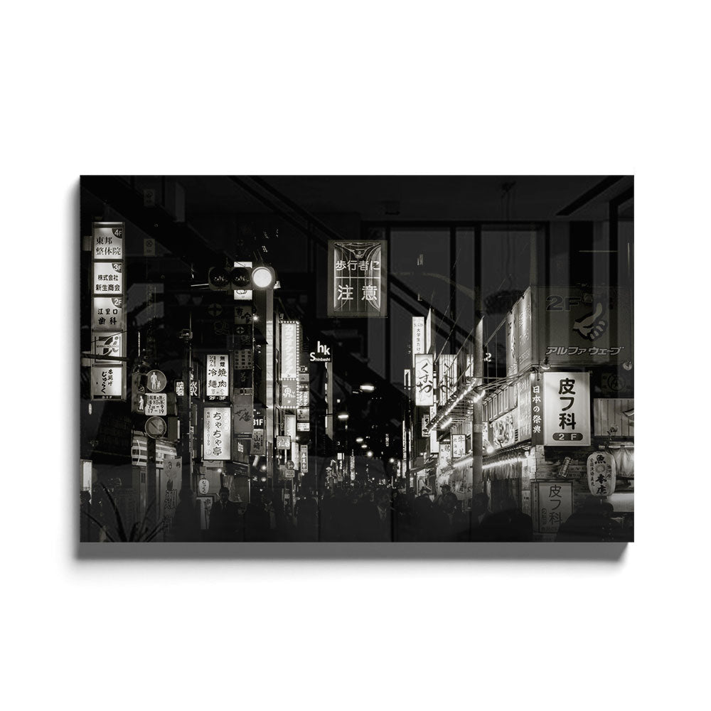 Fotografie in zwart wit van Shinobashi op luxe glasschilderij op groot formaat