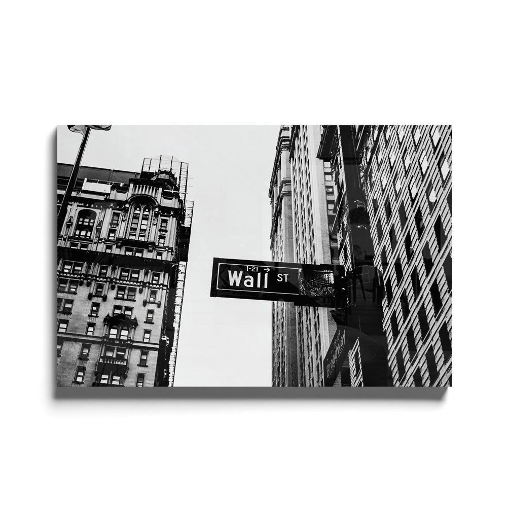 Fotografie in zwart wit van een straatbordje in New York als glasschilderij op groot formaat