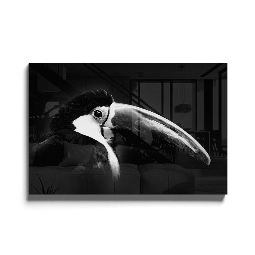 Fotografie van het portret van een Tucan in Zwart-wit als luxe glasschilderij op groot formaat