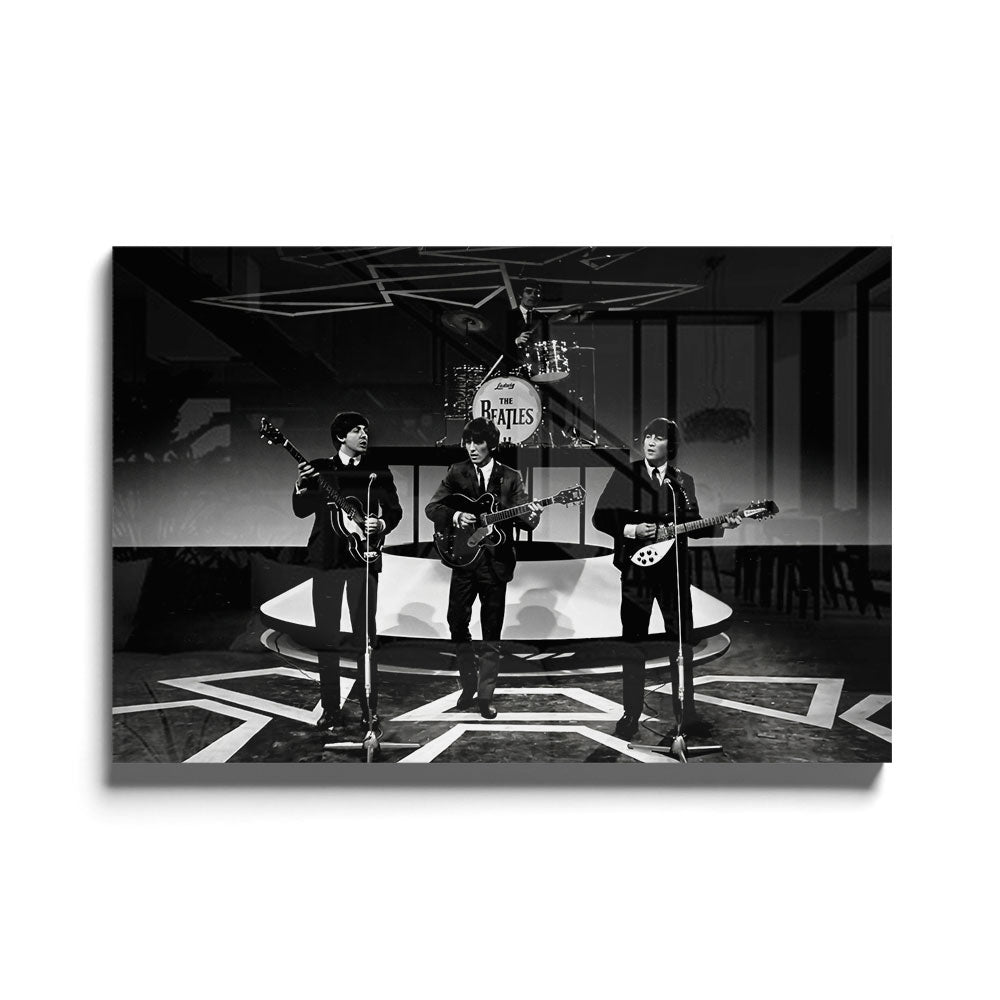 Fotografie van beroemde Engelse band The Beatles in Zwart-wit als glasschilderij op groot formaat