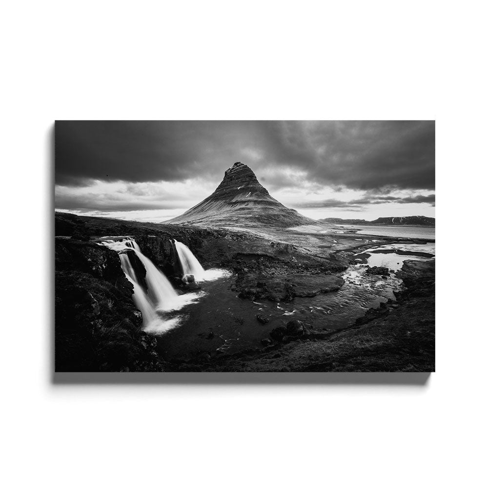 Fotografie van de watervallen in Ijsland in Zwart-wit op luxe glasschilderij op groot formaat