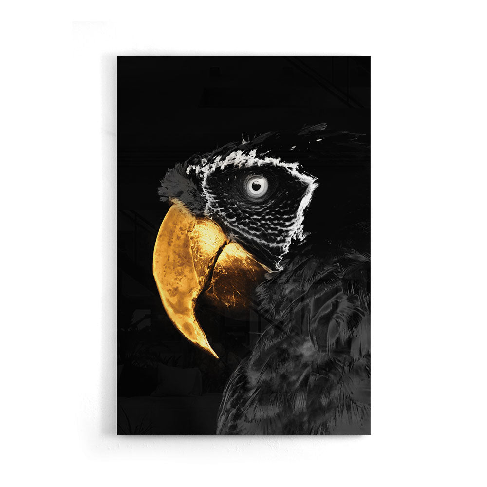 Fotografie van een papegaai met gouden detail op luxe glasschilderij op groot formaat