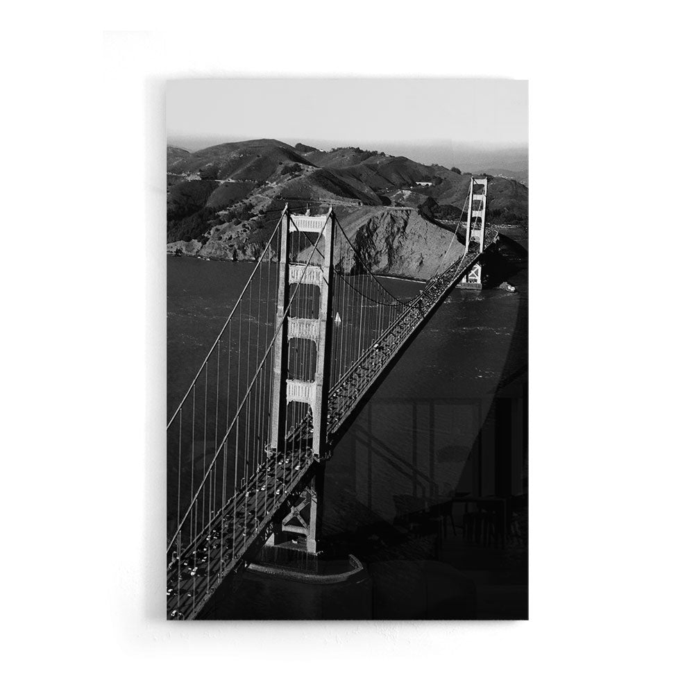 Zwart wit foto van Golden Gate Bridge  als luxe glasschilderij op groot formaat