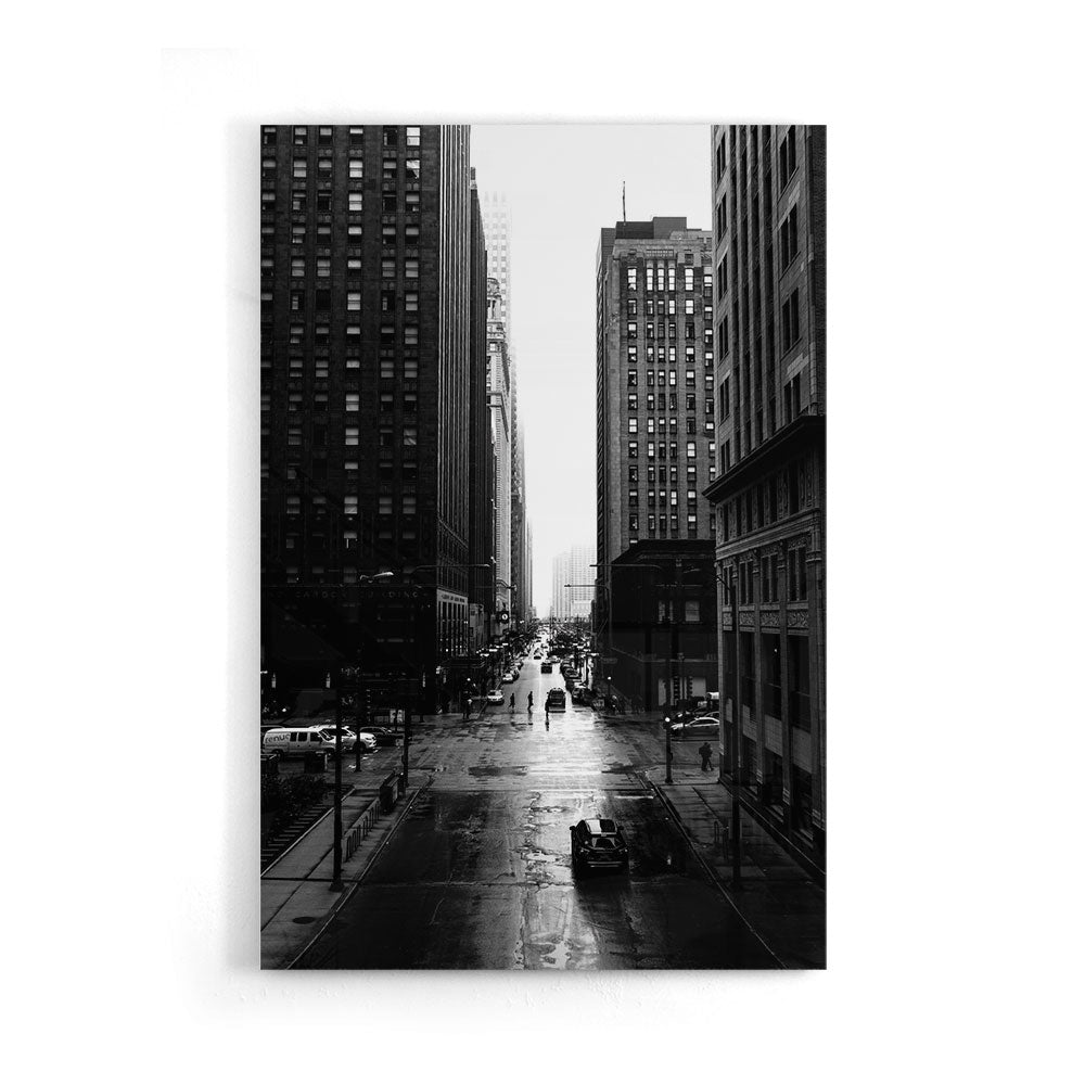 Fotografie in zwart wit van de straten van Chicago als luxe glasschilderij op groot formaat