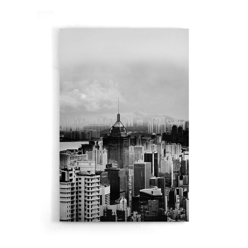 Fotografie in zwart wit van de skyline in Hong Kong. als glasschilderij  op groot formaat