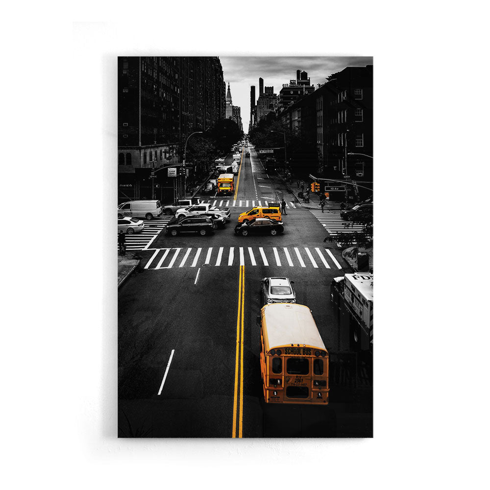 Fotografie van een druk kruispunt in New York als luxe glasschilderij op groot formaat