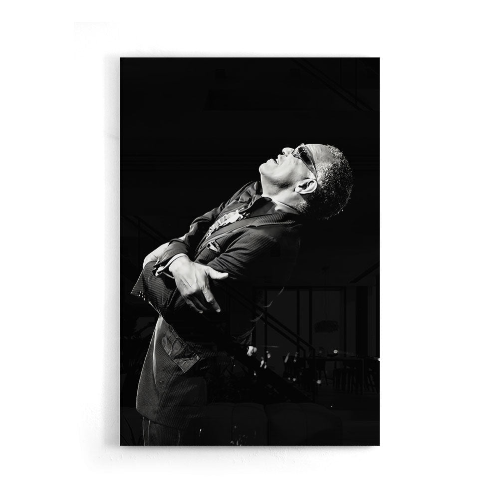 Fotografie van Ray Charles in Zwart-wit als luxe glasschilderij op groot formaat