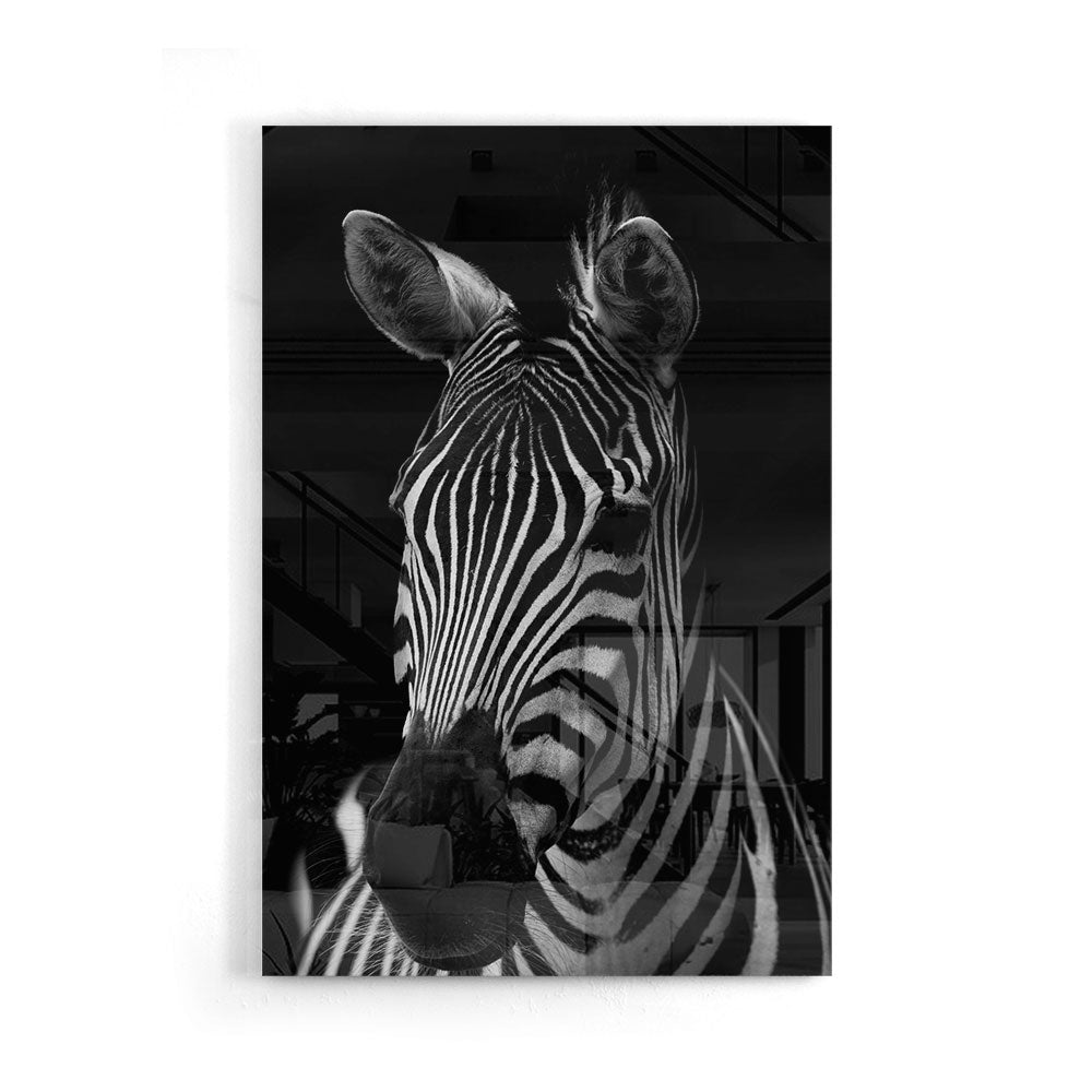 Fotografie van het portret van een zebra in Zwart-wit als glasschilderij in groot formaat