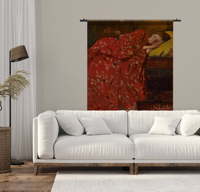 Wandkleed Breitner meisje in rode kimono textiel voor aan de muur