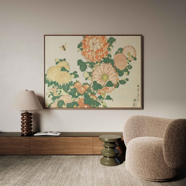 Hokusai japanse schilderij Chrysanthemums and Horsefly  op groot formaat Canvas
