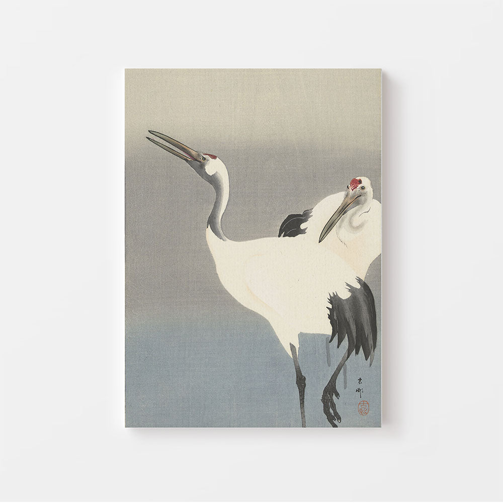 Ohara Koson was een Japanse Kunstenaar. Op deze canvas in baklijst is de print 'Two Cranes' te zien. Twee kraanvogels. Grote kunst voor in jouw interieur. 