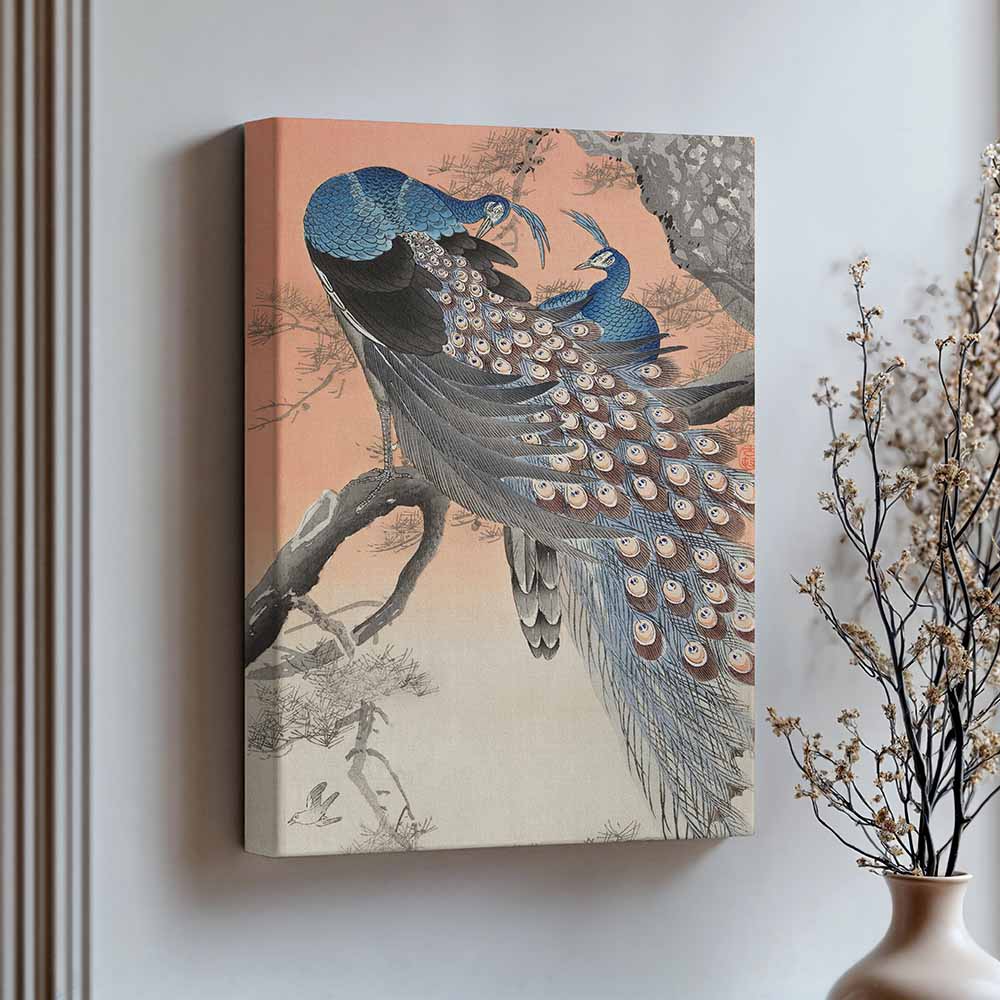 Ohara Koson een Japanse Kunstenaar 'Two Peacocks on tree branch'  Breng de natuur in huis. Prachtige oranje en blauw tinten. Groot canvas schilderij. XLKunst.nl