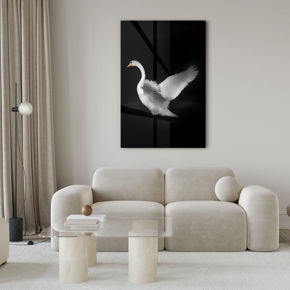 Fotografie van een flapperende zwaan detail als glasschilderij op groot formaat