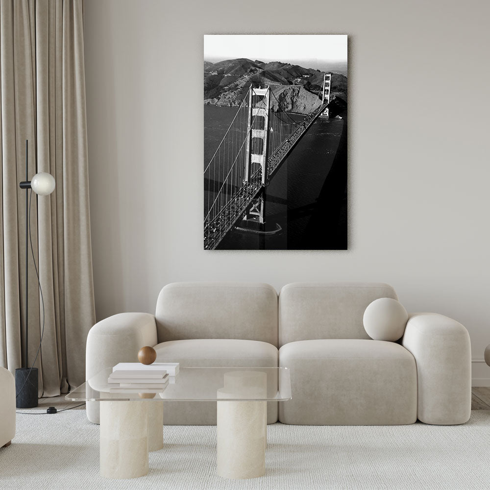 Zwart wit foto van Golden Gate Bridge  als luxe glasschilderij op groot formaat