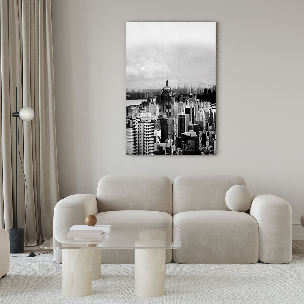 Fotografie in zwart wit van de skyline in Hong Kong. als glasschilderij  op groot formaat