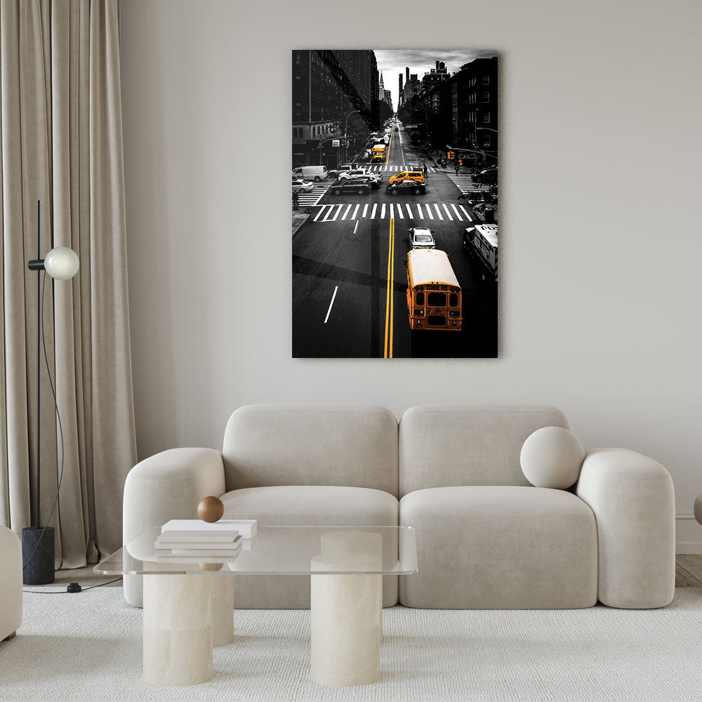 Fotografie van een druk kruispunt in New York als luxe glasschilderij op groot formaat