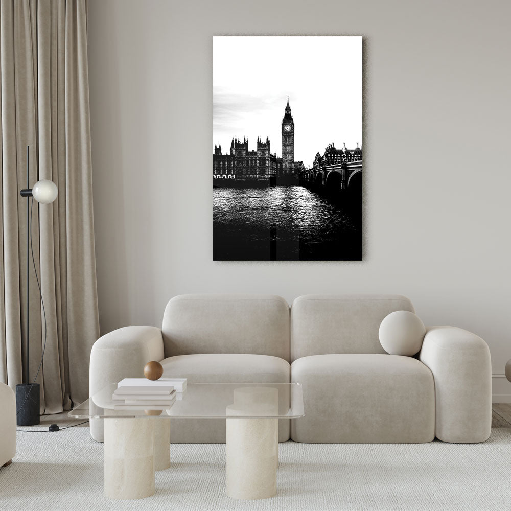 Fotografie van de Big Ben in London in Zwart-wit als luxe glasschilderij op groot formaat