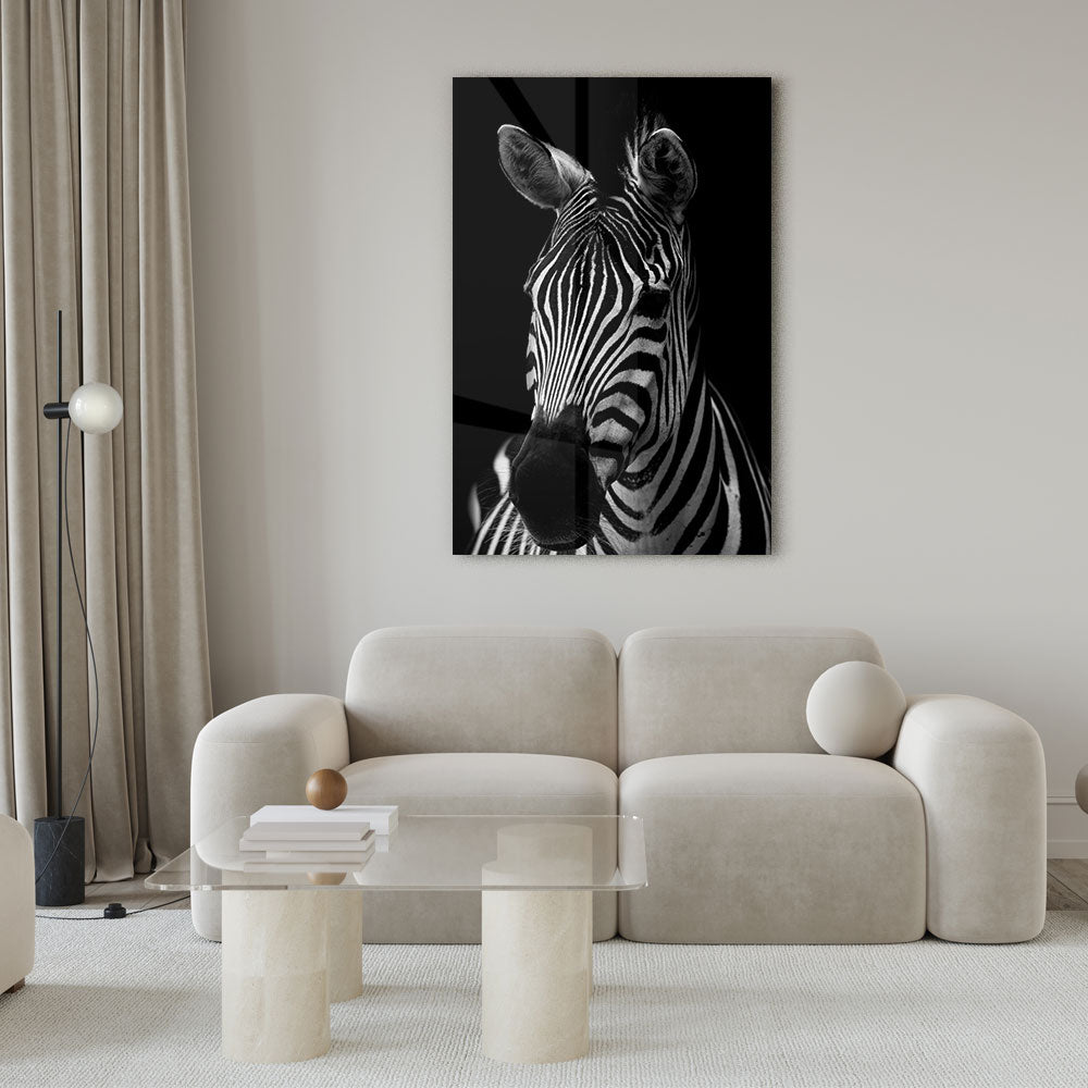 Fotografie van het portret van een zebra in Zwart-wit als glasschilderij in groot formaat