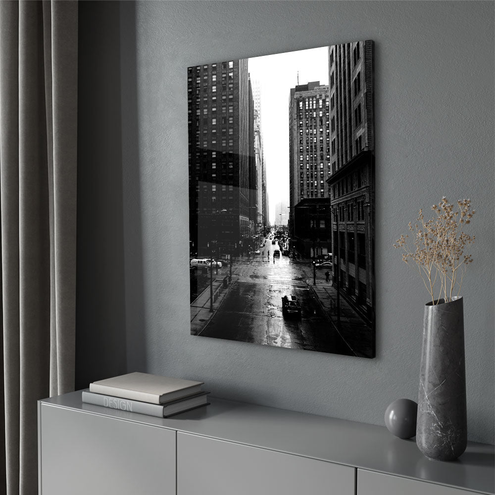 Fotografie in zwart wit van de straten van Chicago als luxe glasschilderij op groot formaat