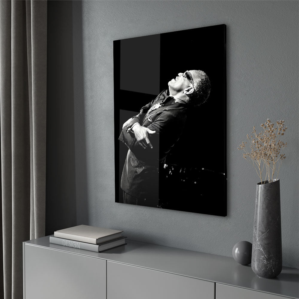Fotografie van Ray Charles in Zwart-wit als luxe glasschilderij op groot formaat
