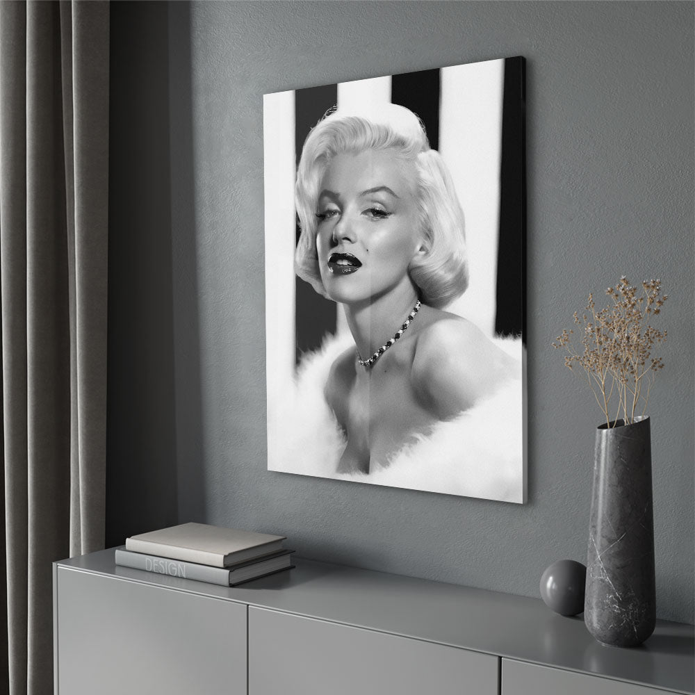 Fotografie van Marilyn Monroe in Zwart-wit als luxe glasschilderij op groot formaat