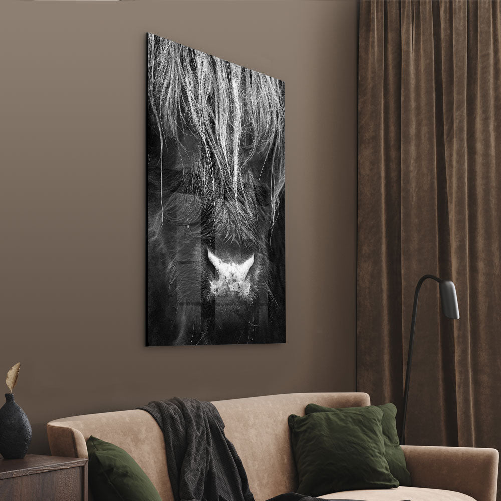 Fotografie van een close up van een os als glasschilderij op groot formaat