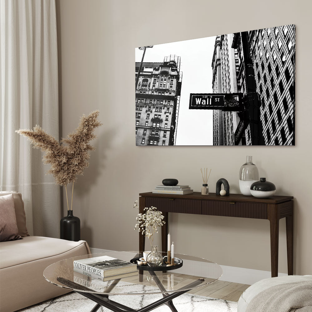 Fotografie in zwart wit van een straatbordje in New York als glasschilderij op groot formaat
