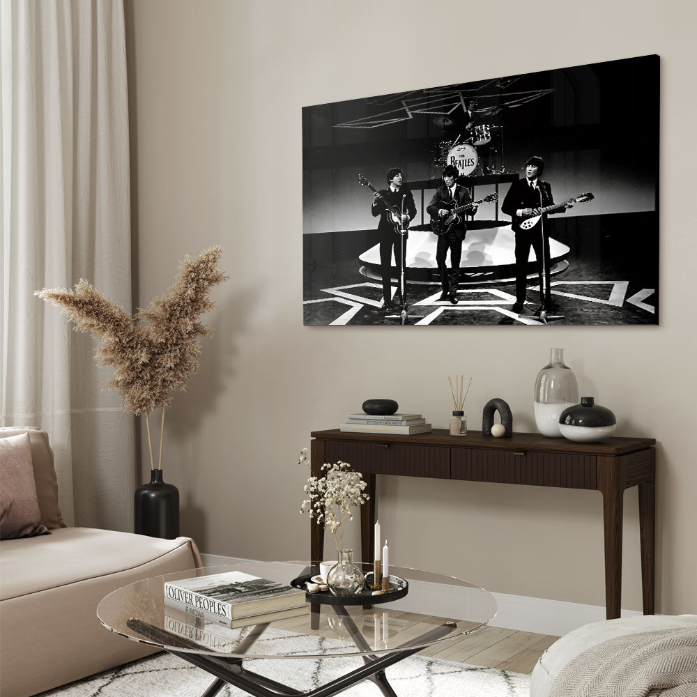 Fotografie van beroemde Engelse band The Beatles in Zwart-wit als glasschilderij op groot formaat