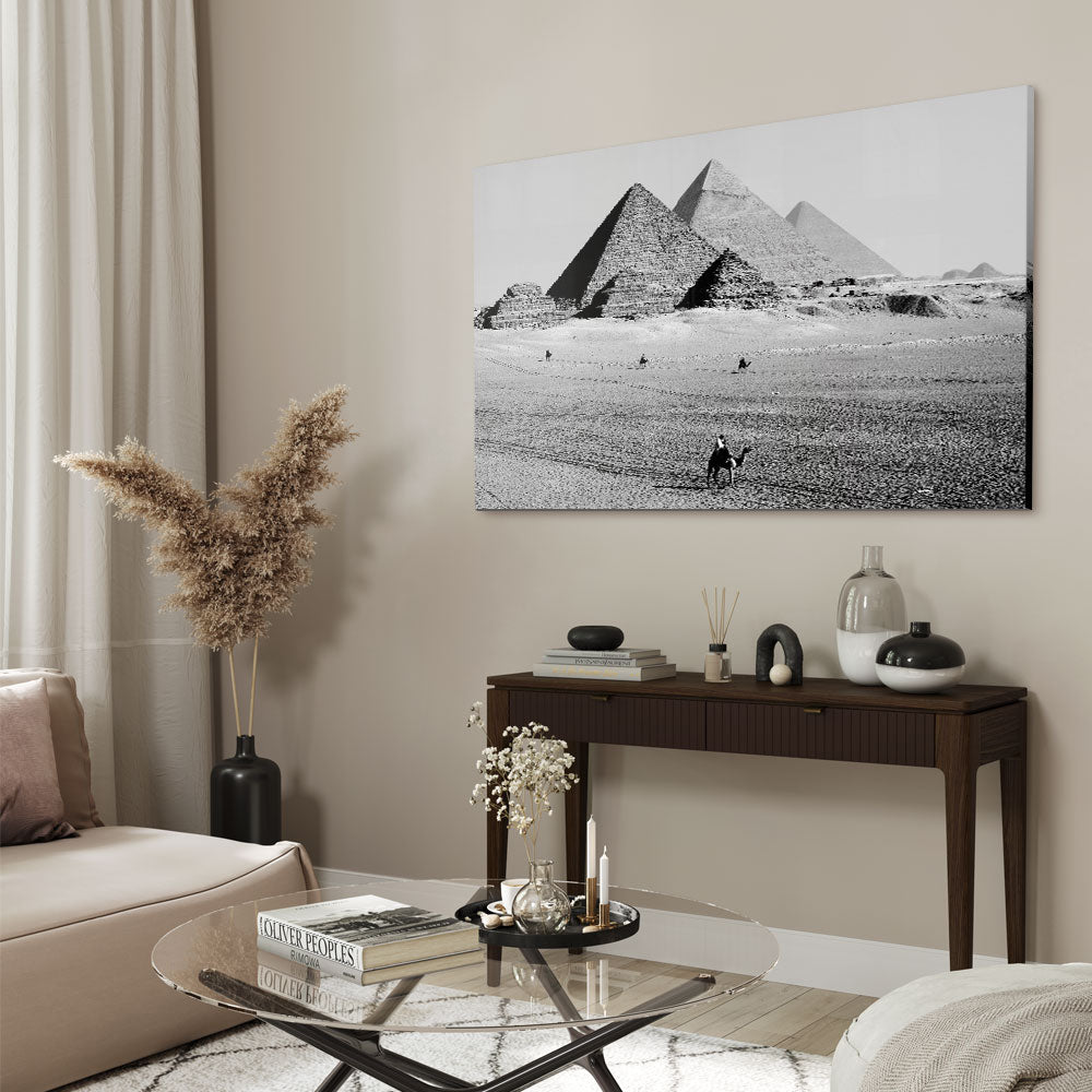 Fotografie van de piramides in Egypte in Zwart-wit als glasschilderij op groot formaat