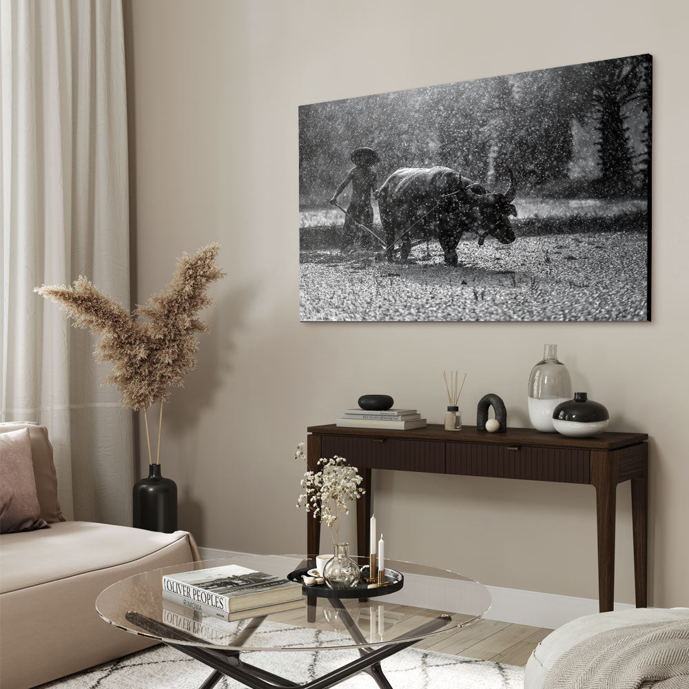 Zwart-wit fotografie van een water buffalo luxe glasschilderij op groot formaat