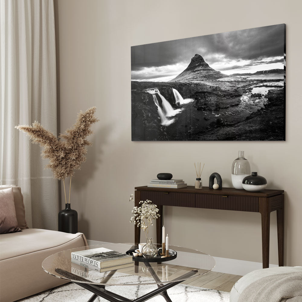 Fotografie van de watervallen in Ijsland in Zwart-wit op luxe glasschilderij op groot formaat