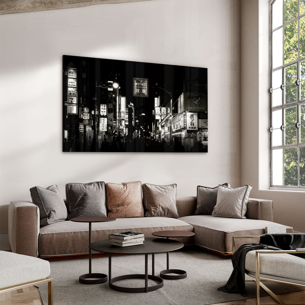 Fotografie in zwart wit van Shinobashi op luxe glasschilderij op groot formaat