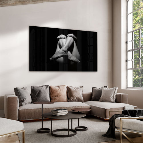 Zwart-wit fotografie van gekruiste ballerina benen luxe glasschilderij